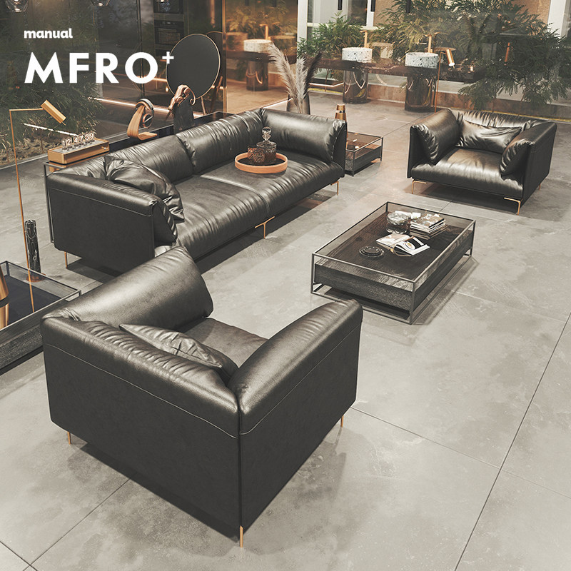 Light extravaganza Villa Ideolar Minimalist Modern Living Room Real Leather Sofa tea table Composition Three-place Prototype Large Terrace number