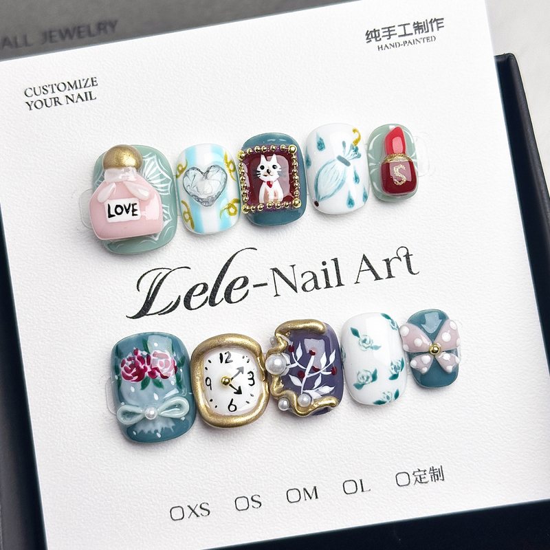 Lele【Time Quirks】Handmade Wearable Nails in Stock New Style Purely Hand-Painted Personalized Summer Detachable