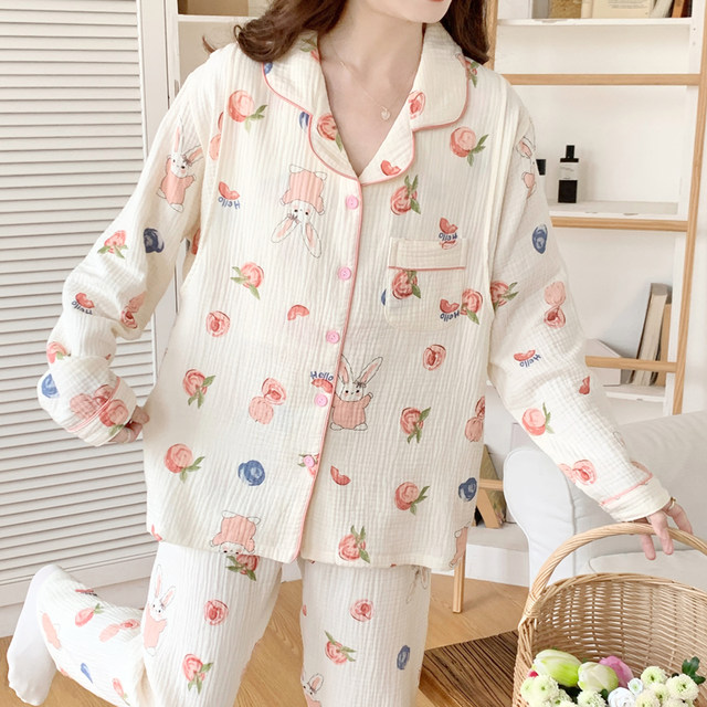 ຜ້າຝ້າຍບໍລິສຸດ gauze confinement ລະດູໃບໄມ້ປົ່ງແລະ summer ບາງໆ postpartum lactation maternity pajamas ແມ່ຍິງພາກຮຽນ spring ແລະດູໃບໄມ້ລົ່ນເຄື່ອງນຸ່ງຫົ່ມເຮືອນແມ່