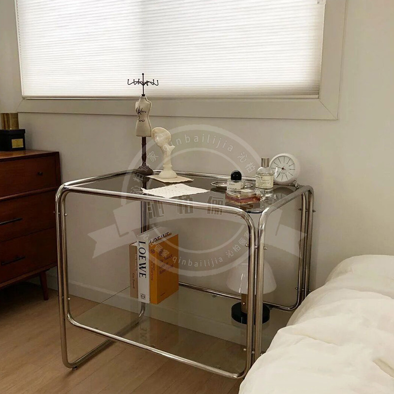 Medieval stainless steel glass tea table modern table edge several people sink wind shooting studio double shelf