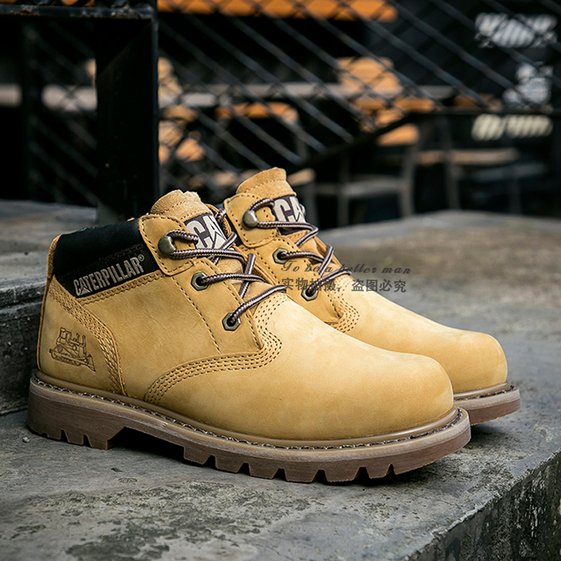 Cat Men's Shoes, Carter Martin Boots, Carter Work Shoes, Spring, Autumn, and Winter Mid-Top Genuine Leather Short Boots, Yellow Boots, Authentic