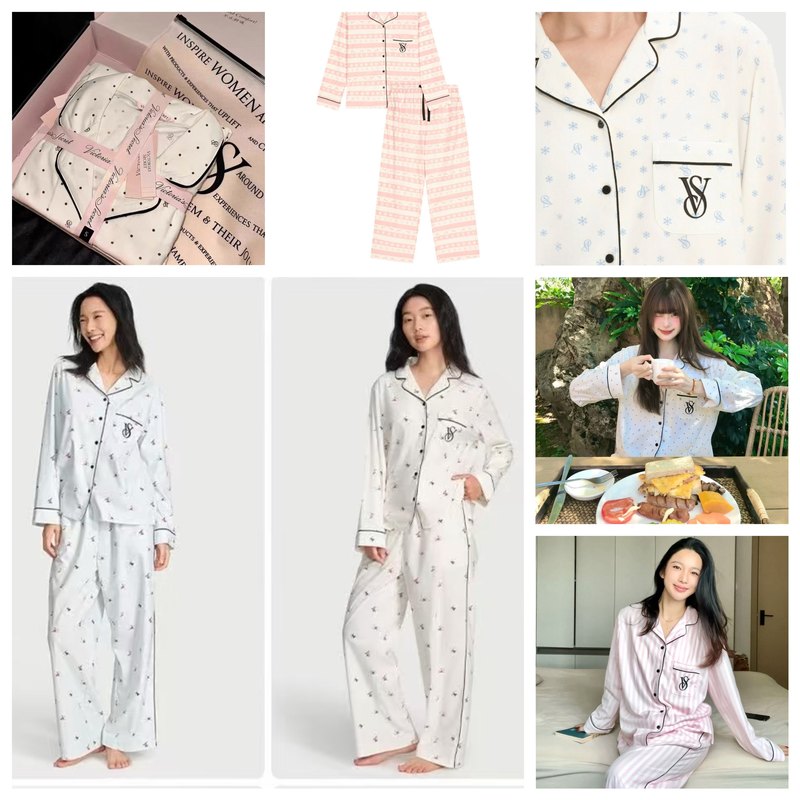 Victoria's Secret Lightweight Velvet Long-Sleeved Pajama Set with Leopard Print, Loose, Breathable, Warm, Red Stripes, Breathable