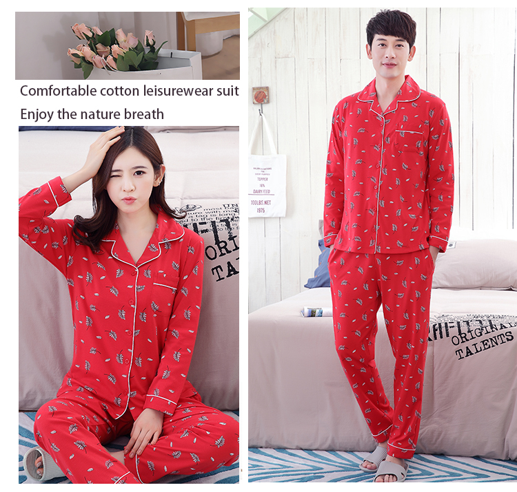 Bộ đồ ngủ đôi mùa xuân và cotton dài tay cộng với phân bón XL màu đỏ năm nay mới kết hôn nam nữ phù hợp với dịch vụ gia đình đồ ngủ pijama