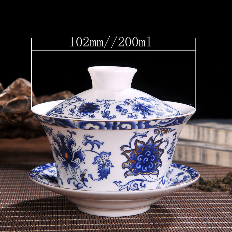 Cover bowl of Jingdezhen Blue Hua Ceramic Trinity to make teacup cup Kunfu set household three barrels 200cc ml
