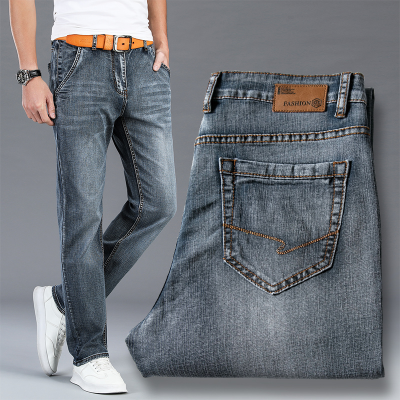 Autumn and winter fashion brand high-end jeans men's straight loose slant pocket blue gray casual trousers summer pants winter