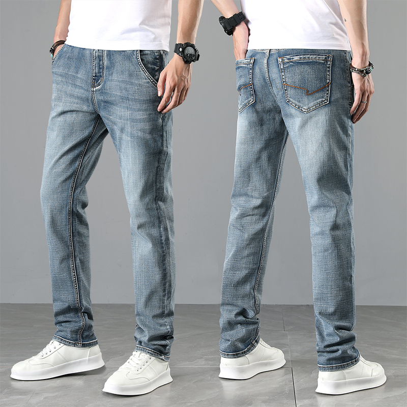 Summer blue grey jeans Men's straight cylinder loose retro casual long pants washed obliquely inserted pocket pants 100 hitch