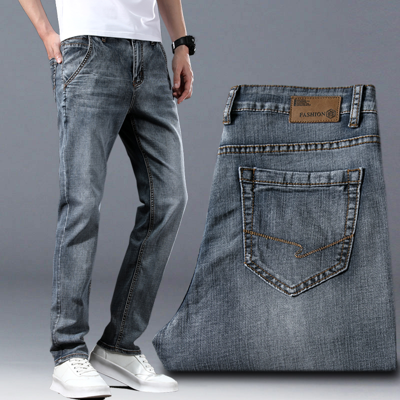 Summer High-end Denim Pants Men Straight Drum Loose Casual Long Pants Elastic Inclined Pocket Bull Pants Men Pants 100 Hitch