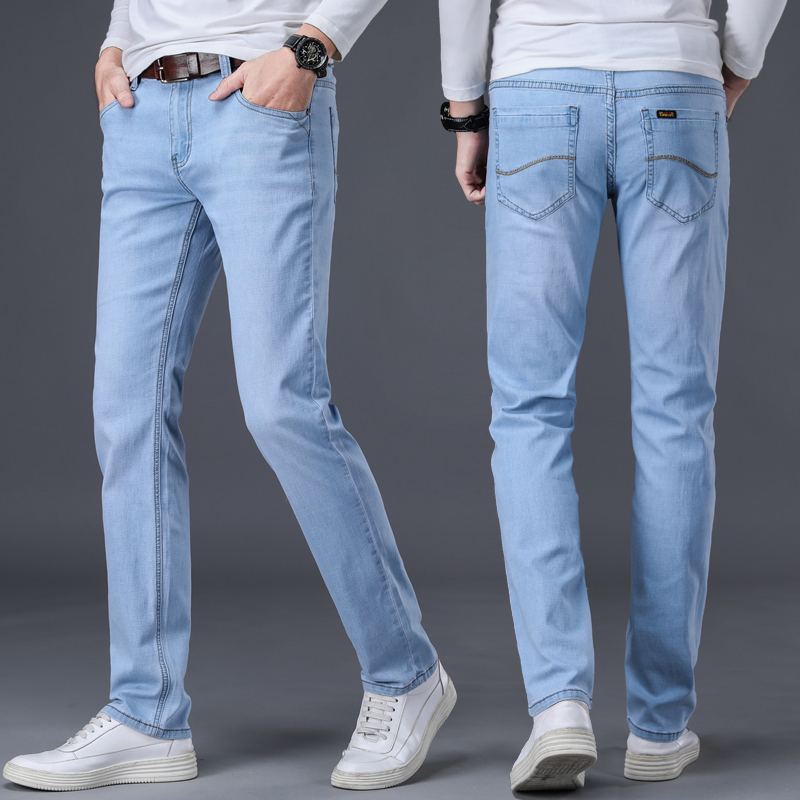 Spring Light Color Sashimi Jeans Men's Summer Straight Barrel Middle-aged Light Blue Casual Long Pants Stretch Spring Autumn Men Pants