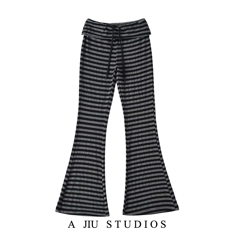 American-Style Sports Yoga Jogging Skin-Friendly High-Waisted Black and Gray Striped Pants for Women, Slightly Flared, Drapey, Tight-Fitting, High-Waisted, Stretchy Long Pants