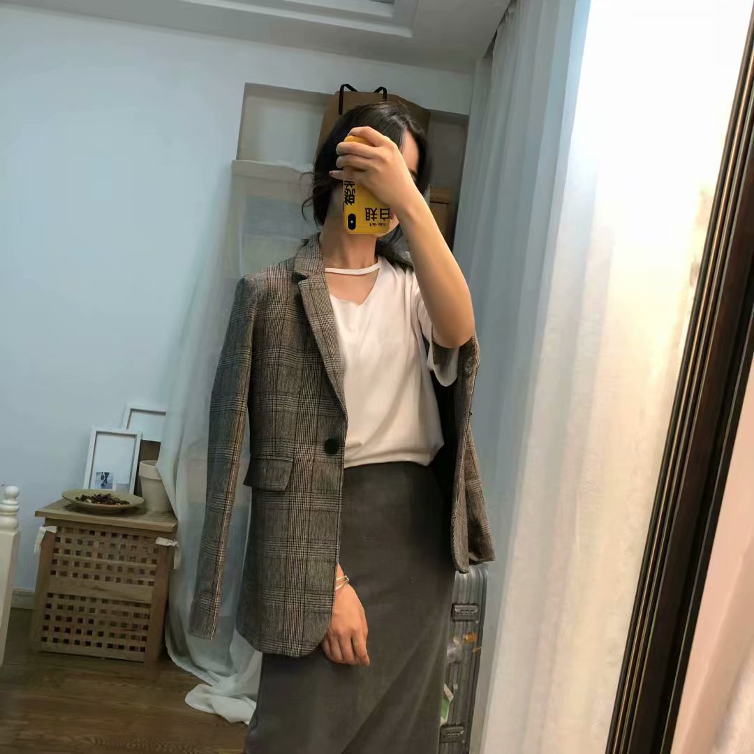 Tây Ban Nha độc thân mùa thu mới của phụ nữ kẻ sọc hoang dã retro phù hợp với áo khoác dài tay thường ngày đồ công sở nữ