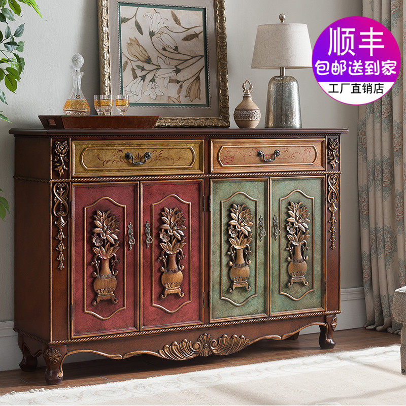 American country painted four-door solid wood shoe cabinet Carved old three-door shoe cabinet Retro entrance cabinet storage cabinet