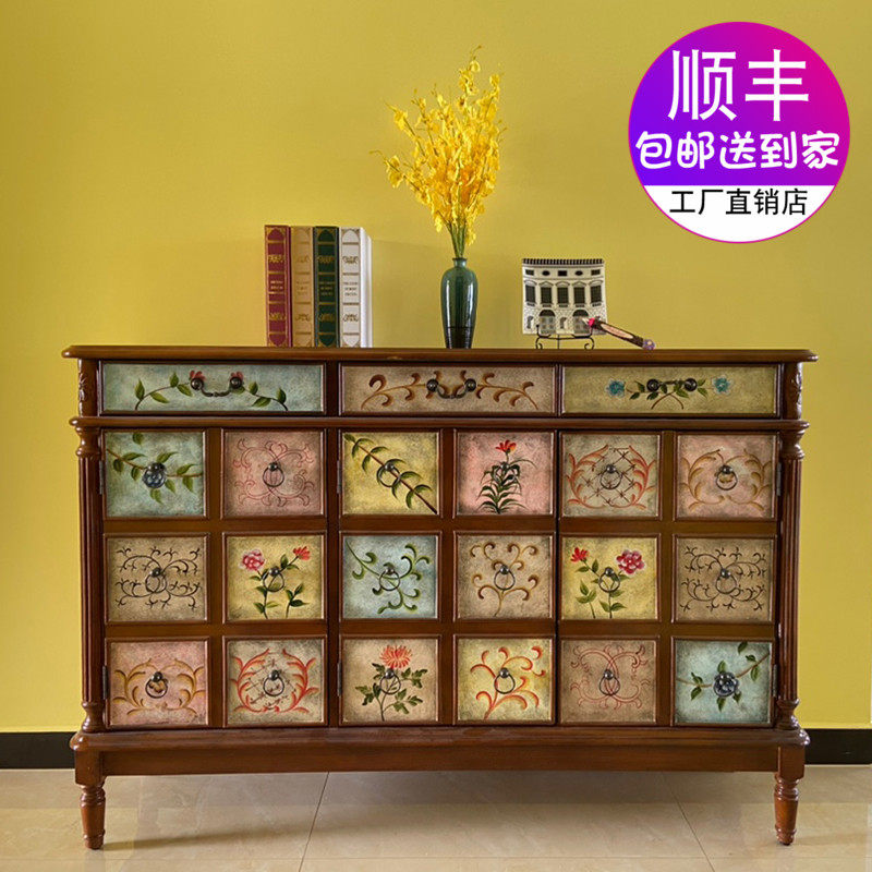 American furniture rural retro solid wood color painted shoe cabinet multilayer shoe rack imitation ancient large capacity containing cabinet Xuanguan cabinet