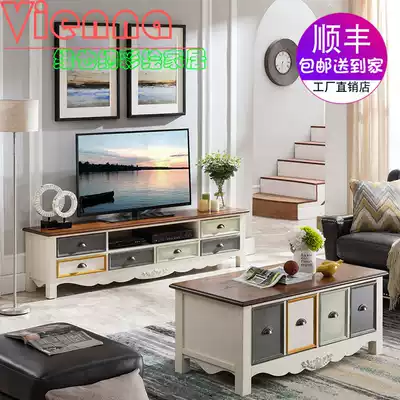 Mediterranean all solid wood TV cabinet coffee table American simple painted hand worn old retro combination set 2 rice Blue