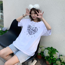 GRUGD DIRBEN sketch white short-sleeved T-shirt womens loose love loose casual wild round neck top trendy