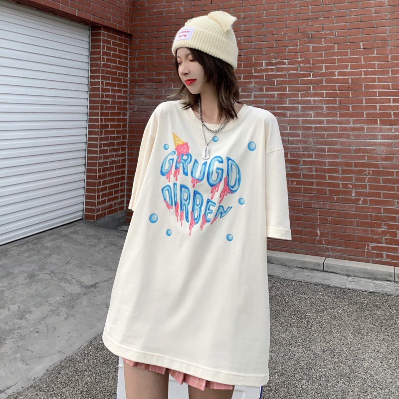 GRUGD DIRBEN ice cream love short-sleeved white T-shirt women's round neck printed cotton all-match loose top