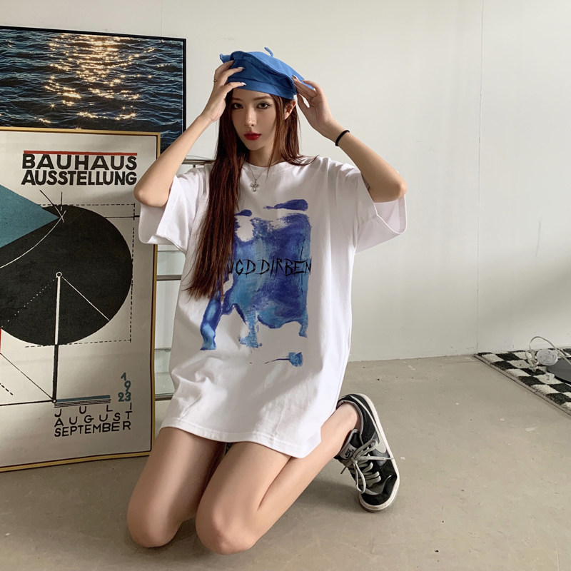 GRUGD DIRBEN white and blue round neck graffiti T-shirt hip-hop street loose ins student casual short-sleeved top tide