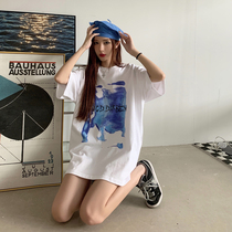 GRUGD DIRBEN white and blue round neck graffiti T-shirt hip-hop street loose ins student casual short-sleeved top tide