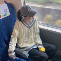 FPMZ embroidered V-neck sweater female rabbit cute pullover temperament loose college style long-sleeved sweater top trendy