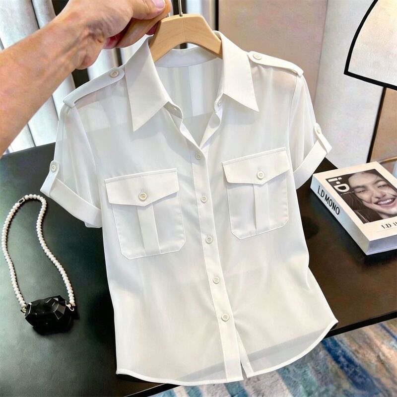 Summer Versatile Design White Polo Collar Slightly Sheer Short-Sleeve Sun Protection Shirt Mesh T-Shirt Slim Fit Top Summer Versatile Design White Polo Collar Slightly Sheer Short-Sleeve Sun Protection Shirt Mesh T-Shirt Slim Fit Top