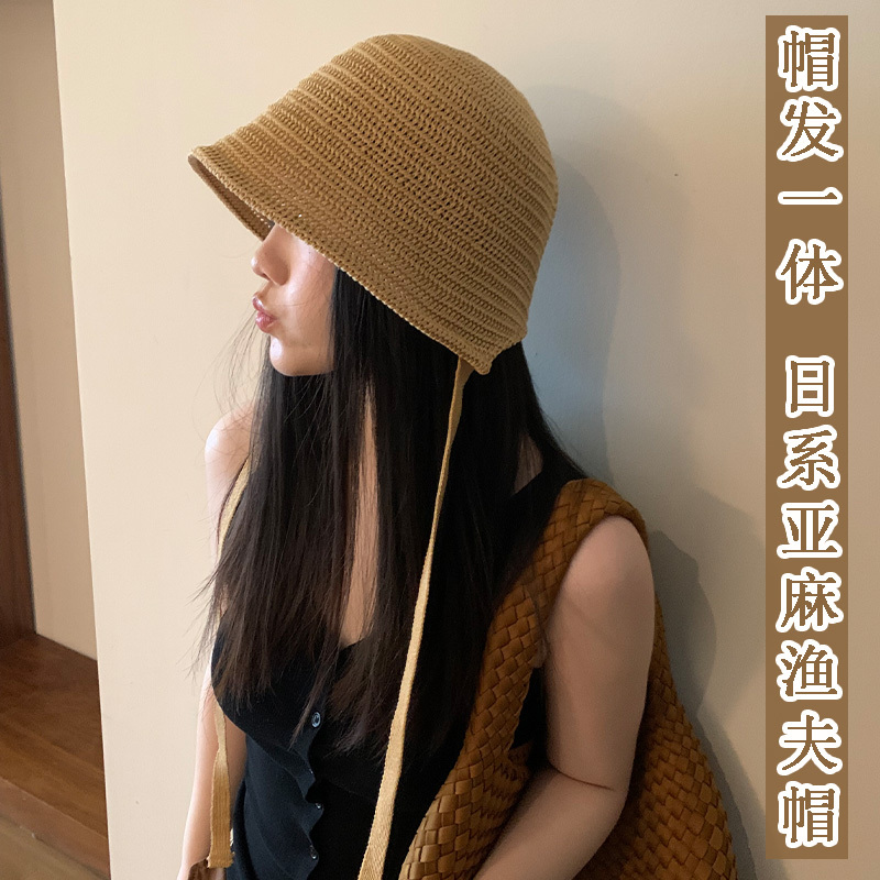 Hat and Wig Combo with Realistic Long Straight Hair, New Summer Fashion Style, Tie-On Knitted Straw Hat, Versatile Hair Volume-Enhancing Wig