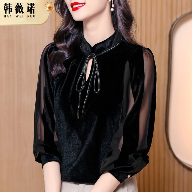 2022 spring new lady Hong Kong flavor retro long-sleeved slim black mesh stitching gold velvet top