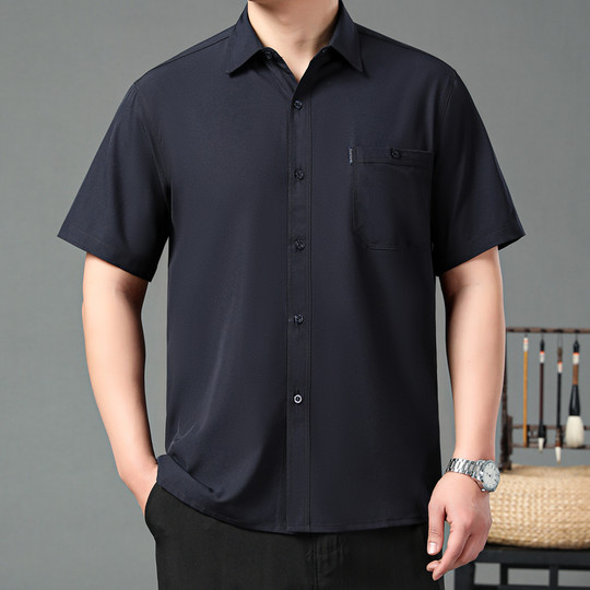 Mulberry silk middle-aged and elderly father short-sleeved shirt middle-aged men's silk shirt loose summer thin grandpa top