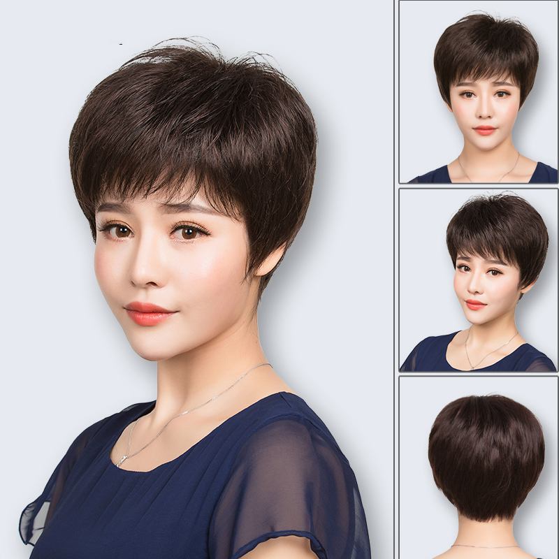 Wig female short hair bobo head buckle round face medium long straight hair Invisible incognito wig set real hair natural