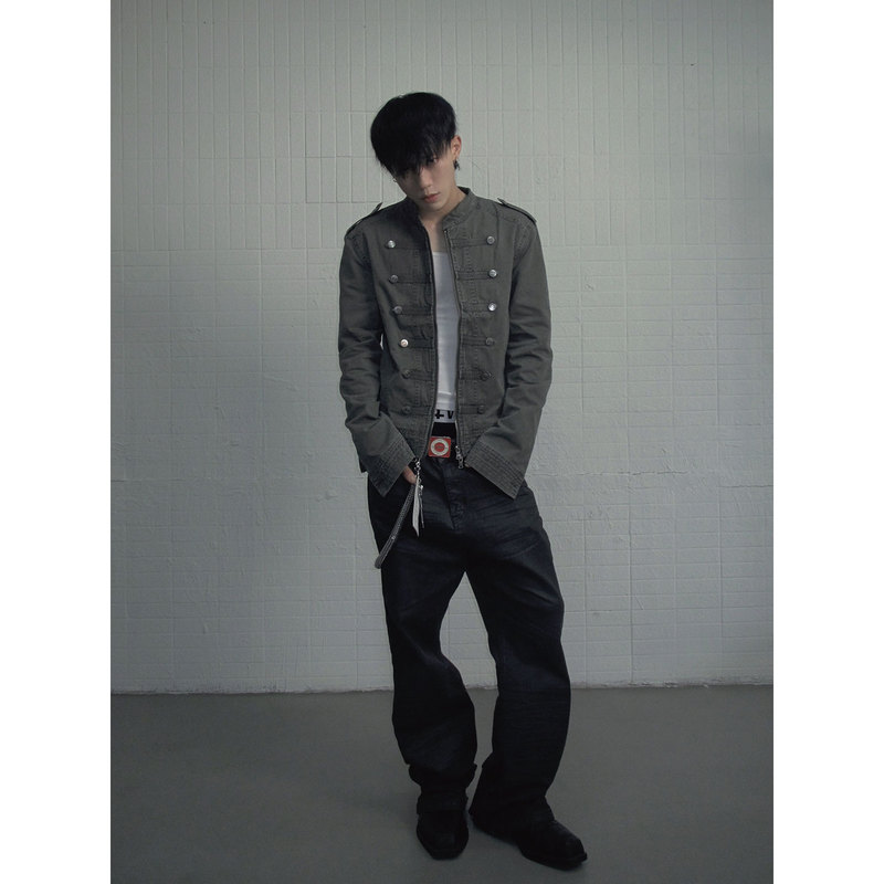 Ansridem Palace-Style Elegant Modern Short Button-Down Napoleon Jacket Retro Casual Washed Slim-Fit Coat
