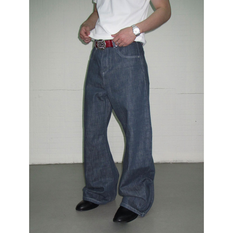 Ansridem Retro High-End Original Denim Lake Green Straight-Leg Jeans for Men, Slightly Flared, Loose Casual Long Pants Ykk
