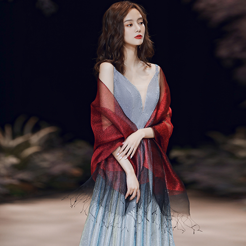 Korean Style Burgundy Lace Toast Dress with Silk Scarf Shawl, High-End Thin Summer Silk Evening Dress Shawl Veil