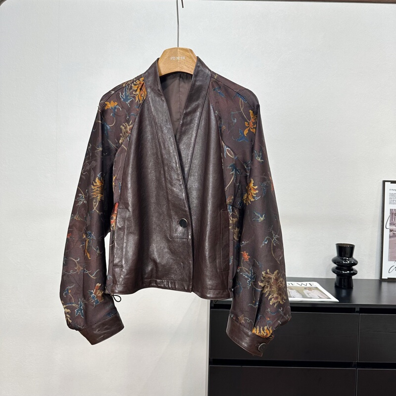 European Genuine Product 2026 Autumn New Short Style Imported Oil Wax Sheepskin Patchwork Silk Batwing Sleeve Floral Jacket for Women