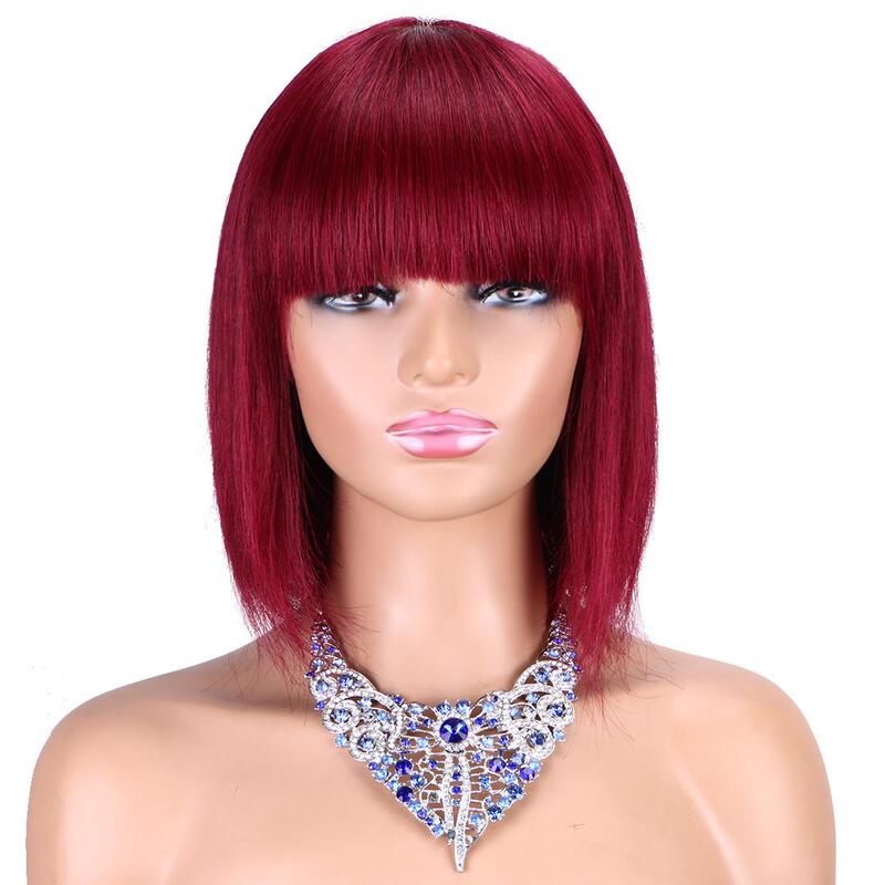 Mechanically Made Straight Hair Bobo Wig with Full Bangs in 99J Burgundy Color, Real Human Hair, Cross-Border European Style