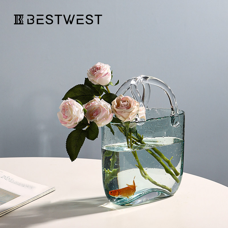 Bag Vase Ornament Swing Piece Home Living Room Decoration Glass Flower Arrangement Ins Wind Hand Lift Basket Hydroponic Container Flowers