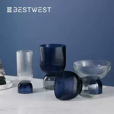 Creative stitching blue glass vase decoration Modern simple living room dining table transparent flower arrangement Light luxury style vase