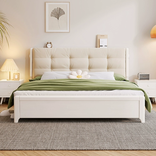 Белая сплошная древесная кровать современный минималистский два метра, умноженные с двумя метро -двойной большой кровати с двуспальной кровать