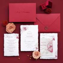 2024 original red bronzing wedding hand-torn invitations European-style invitations hand-painted ins style wedding invitations