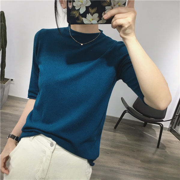 Nhà gạo mỹ [12 màu] Han Fan nửa cổ cao màu rắn đầu uốn xoăn nửa tay áo đan đáy áo len mùa thu đông bán áo len nữ