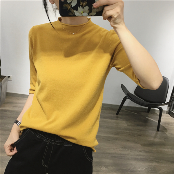 Nhà gạo mỹ [12 màu] Han Fan nửa cổ cao màu rắn đầu uốn xoăn nửa tay áo đan đáy áo len mùa thu đông bán áo len nữ