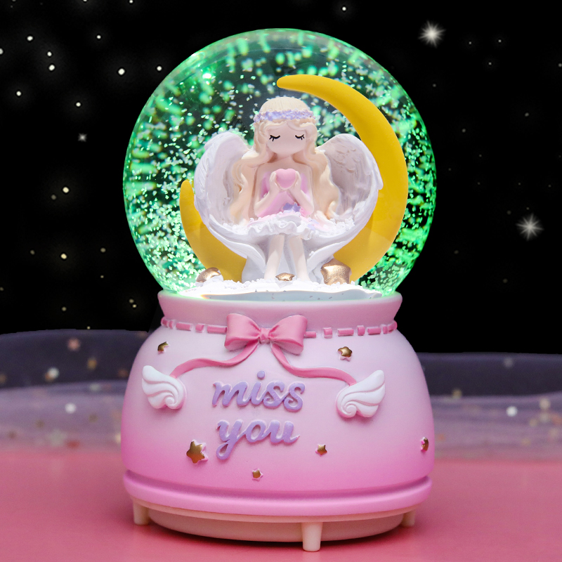 Little girl children's birthday gift music box ornaments Moon Angel crystal ball snowflake rotating girl Music Box