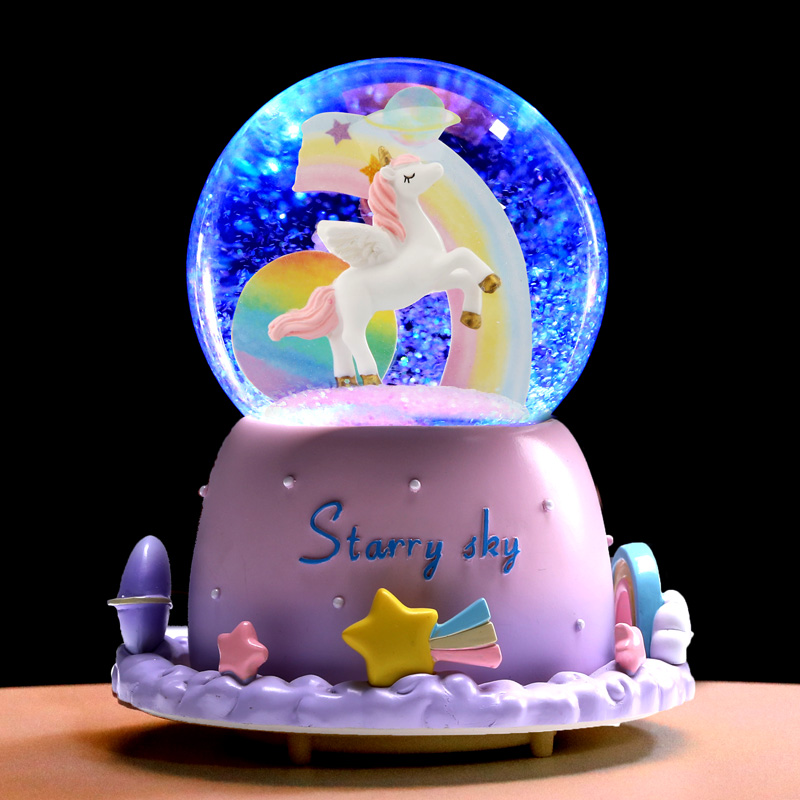 Christmas unicorn crystal ball ornaments children girls rotating snowflake music box birthday gift Music Box