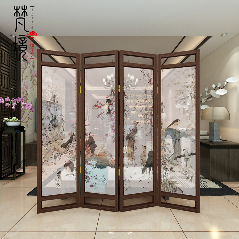 New Chinese artistic conception Ink lotus translucent yarn folding screen Modern simple living room folding screen entrance partition