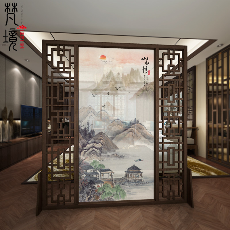 Chinese Zen solid wood porch partition living room study Fengshui gauze screen new Chinese translucent gauze seat screen