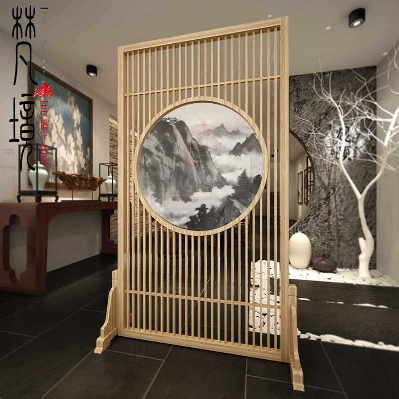 New Chinese solid wood fence hollow screen partition decoration living room entrance entrance Modern simple semi-transparent yarn seat screen