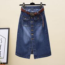 Skirt high waist slim long denim skirt spring new vintage one-row buckle hip A- line dress
