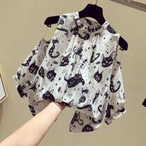 Large size womens summer new fat sister loose thin belly cover top design feel off-shoulder short sleeve chiffon shirt