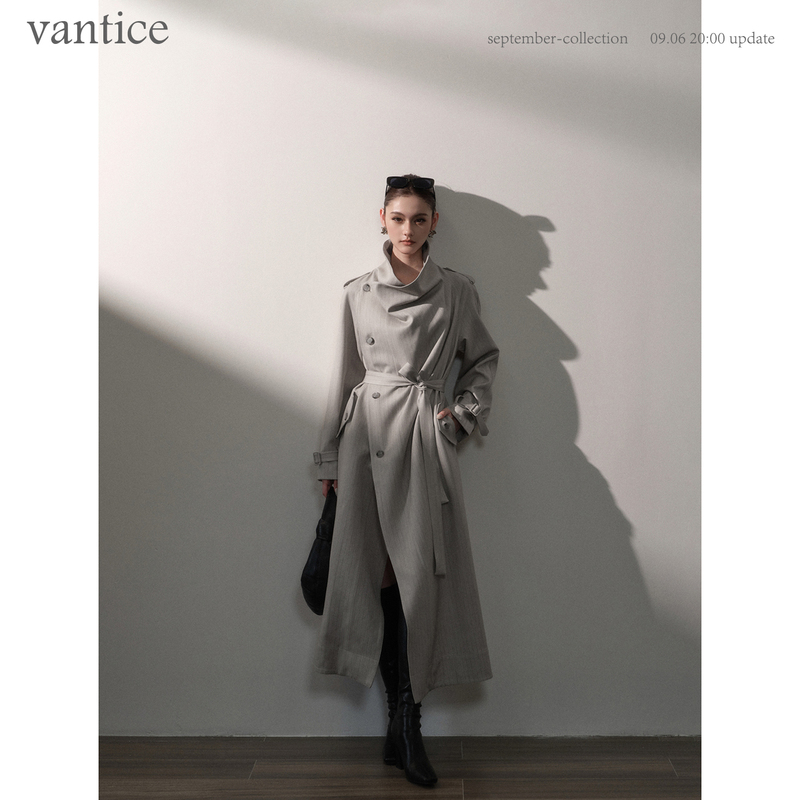 Vantice Autumn and Winter French Retro High-End Style Draped Collar Striped Trench Coat Heavy-Duty Silhouette Mid-Length Coat