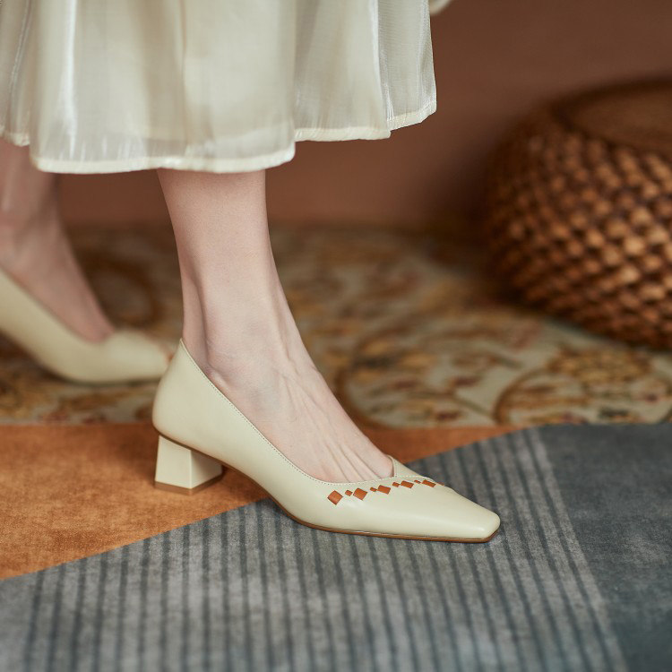 Orange peel CHEN2022 French retro temperament in the heel bag shoes women's leather color matching square toe thick heels small leather shoes