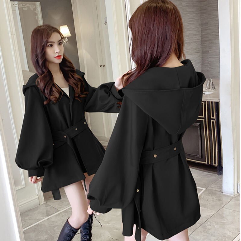 Black Trench Coat for Women, Spring and Autumn 2026 New Korean Style, Loose Hooded, Waist-Cinching, Petite Casual Coat