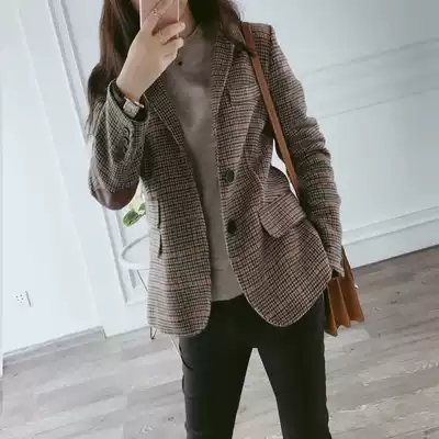 Plaid blazer women's spring and autumn 2021 new Korean version of the British style woolen thickened casual small suit top