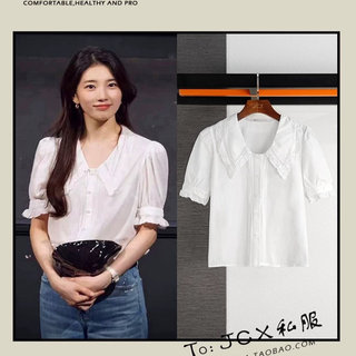 Bae suzy's same white lace puff short-sleeved doll collar shirt for women, summer and korean style sweet little shirt top